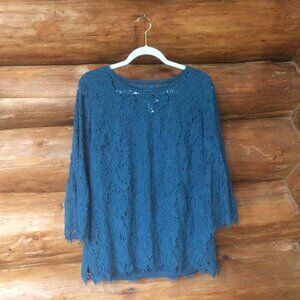 Isaac Mizrahi Teal Floral Lace Bell Sleeve Pullover Size Large